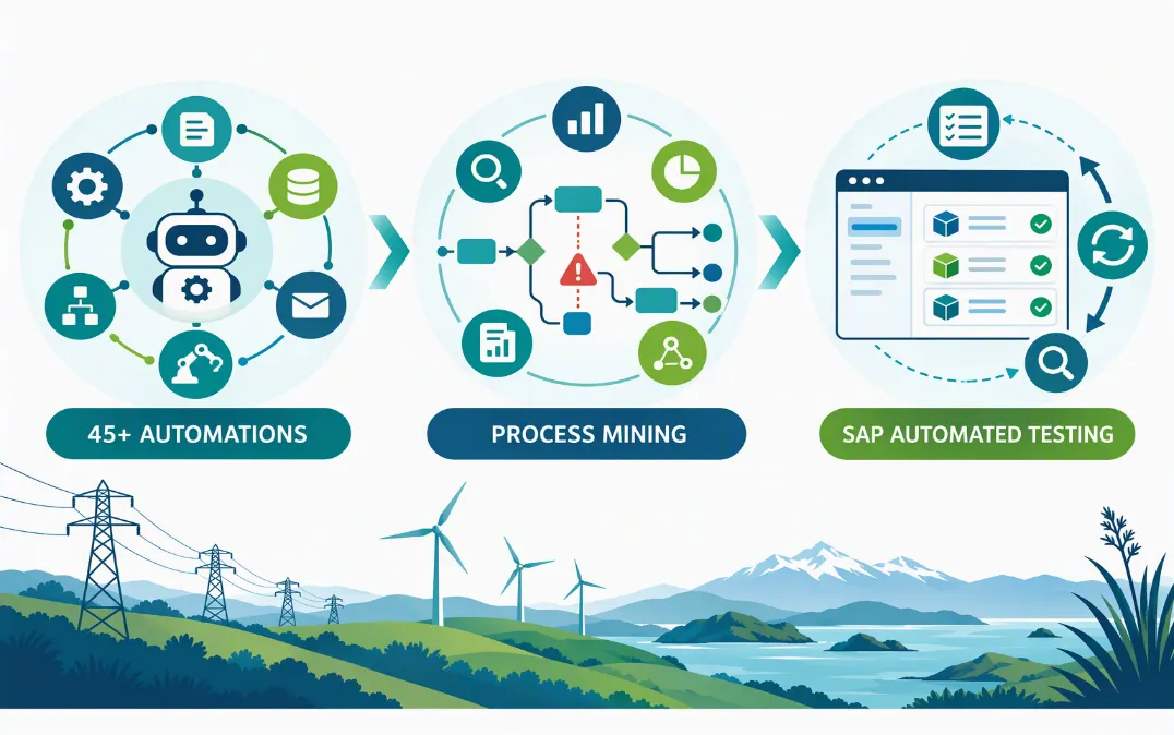 Illustration of Contact Energy's programme in three stages: 45+ automations, process mining and SAP automated testing, over a New Zealand landscape with wind turbines and power lines.