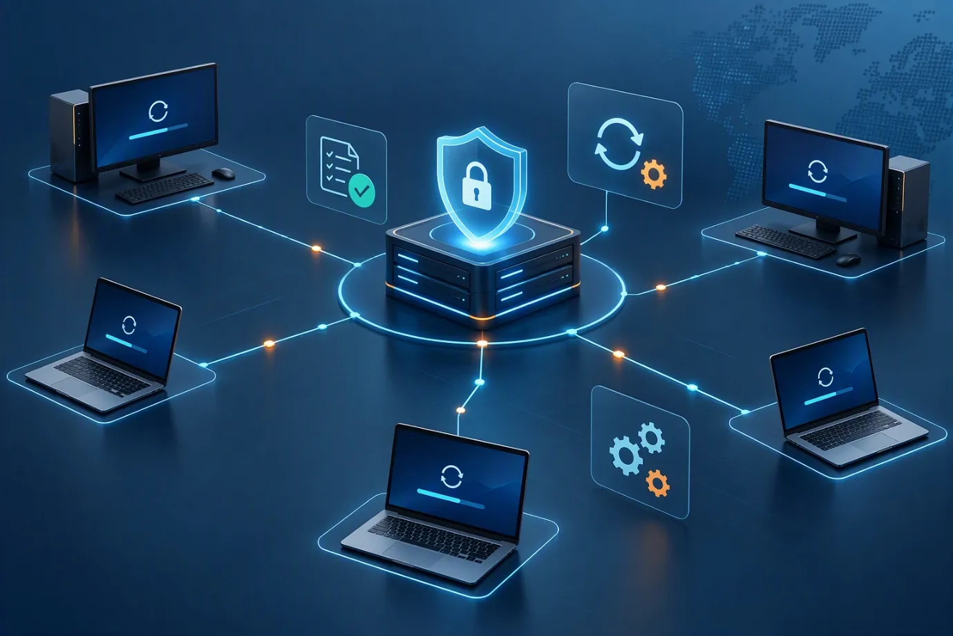 Illustration of desktops and laptops receiving updates from a central, shield-protected server.