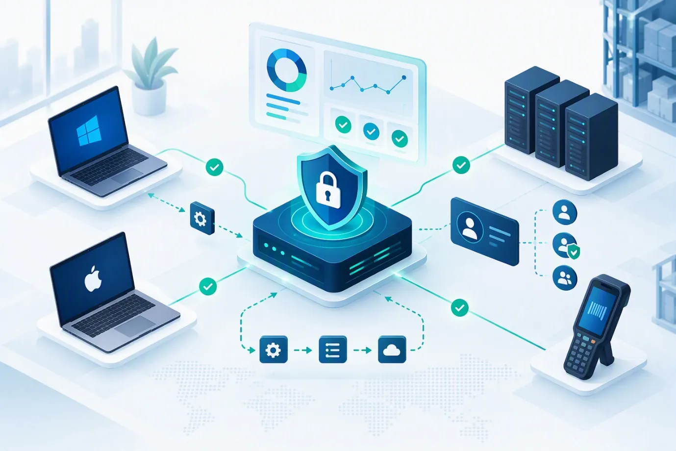 Illustration of Windows and Mac laptops, servers and a warehouse scanner connected to a secure central platform with compliance checks.