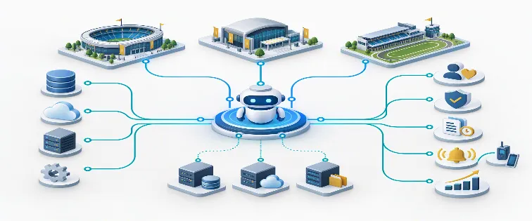 Illustration of a central automation hub connecting three venues to back-office systems, alerts and reporting.